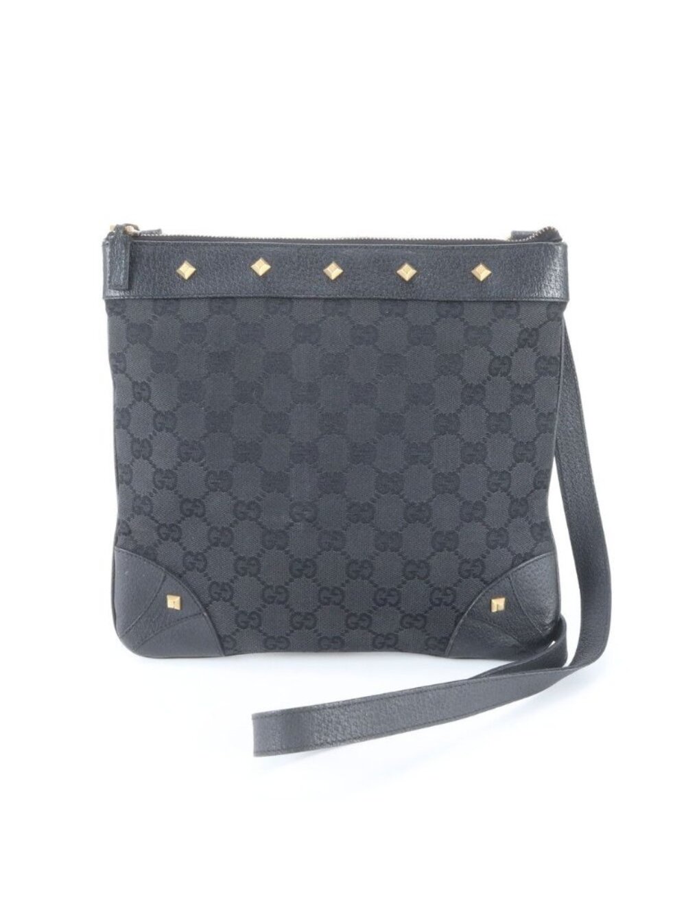 Gucci GG Canvas Studded Leather Shoulder Bag Crossbody Black